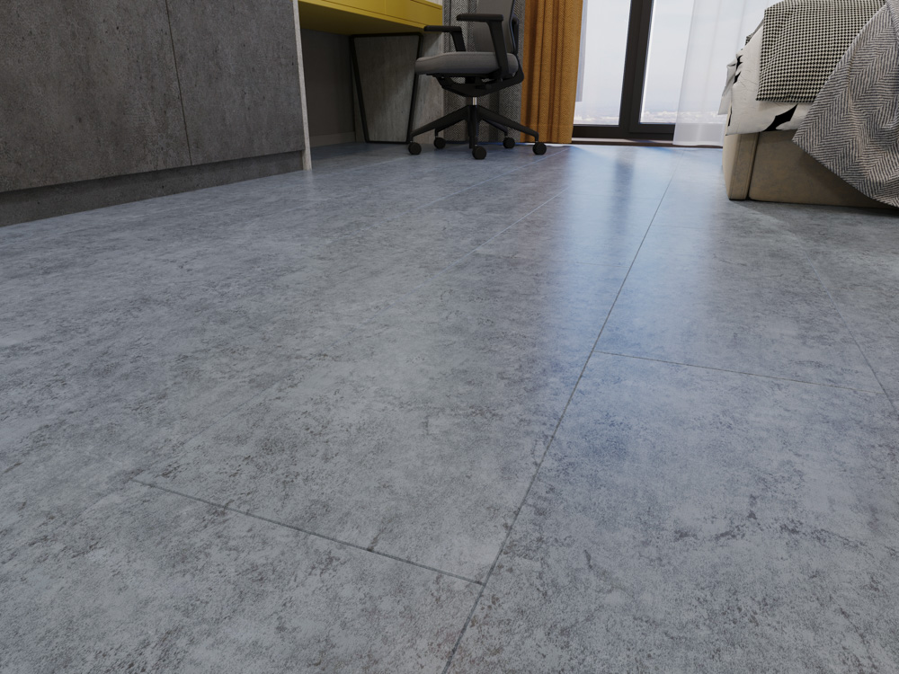 Кварцвиниловый SPC ламинат Cronafloor Stone Мелли Грей XJ87026-3 600×300×4 фото в интерьере